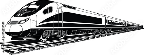 High-speed train illustration, black and white vector, modern railway transport, aerodynamic design, passenger cars, sleek locomotive, infrastructure artwork, travel graphic