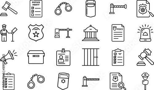 Police Checklist on Clipboard with Pen, Law Enforcement Task List, Black and White Flat Design vector illustration