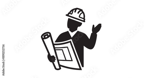 An architect presenting a blueprint while wearing a hard hat and holding a rolled-up plan in a professional setting