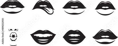 Collection of black and white icons featuring various lips and mouth expressions
