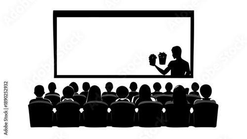Silhouette of a group of people sitting in a movie theater with popcorn, watching a large screen, entertainment and cinema concept.
