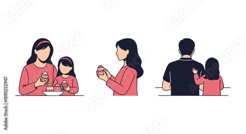 Mother and daughter decorating Easter eggs with views showing them preparing holding and admiring their colorful creations for spring and holiday themes, Generative AI.