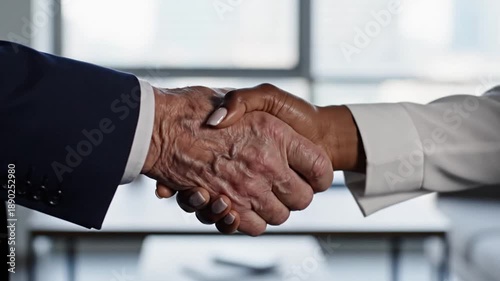 Diverse business partners shaking hands in modern office, agreement handshake