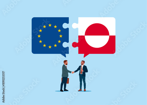 Business people shaking hand after business deal. Bilateral political relations and cooperation between European Union and Greenland. Connect EU and Greenland flags. 