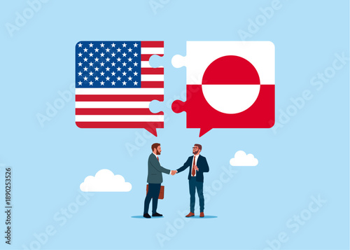 Business people shaking hand after business deal. Bilateral political relations and cooperation between USA and Greenland. Connect USA and Greenland flags. 