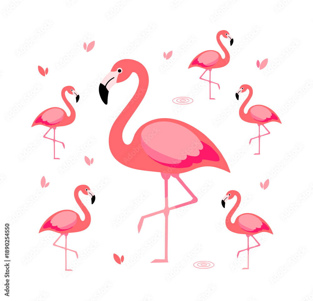 Obraz premium Pink flamingo birds standing in a tropical pattern