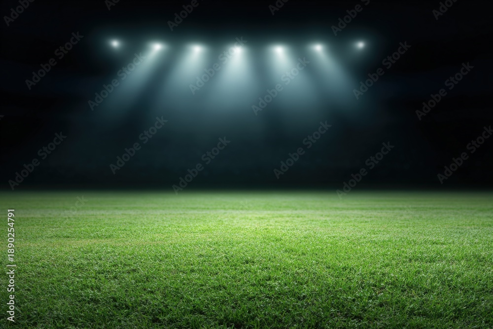 Obraz premium Bright stadium lights illuminating empty grass field at night