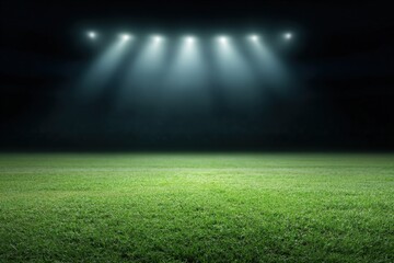 Bright stadium lights illuminating empty grass field at night