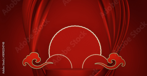 Abstract China Podium, minimal red  color geometric design.3D rendering