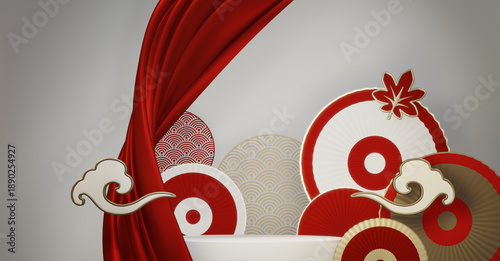 Tableau sur toile Abstract China Podium, minimal red and white color geometric design