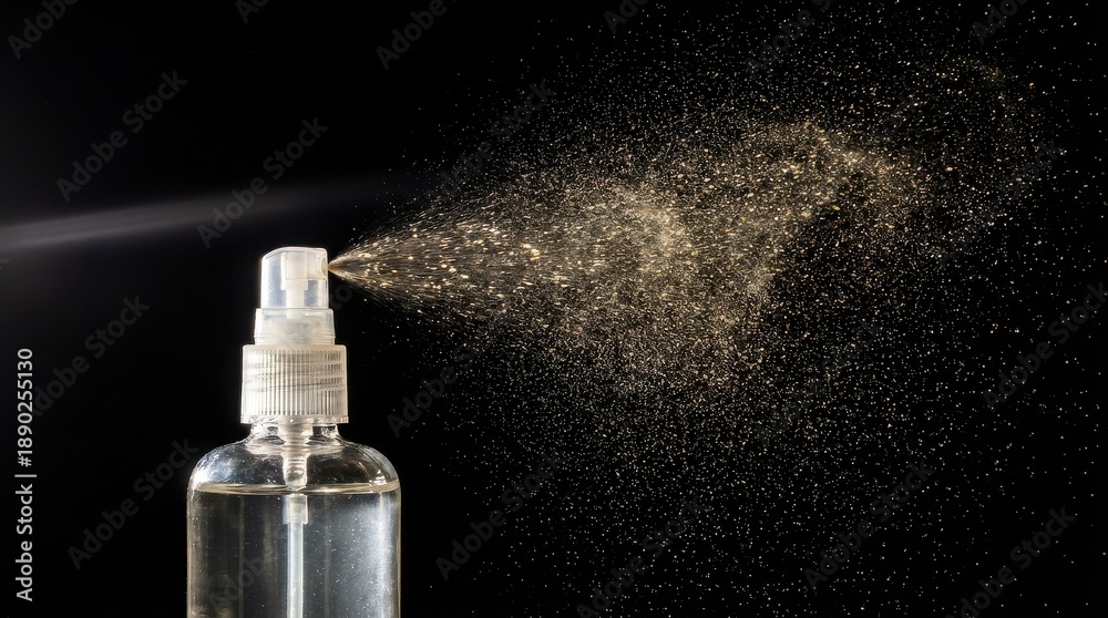 Obraz premium Clear spray bottle spraying fine mist on black background