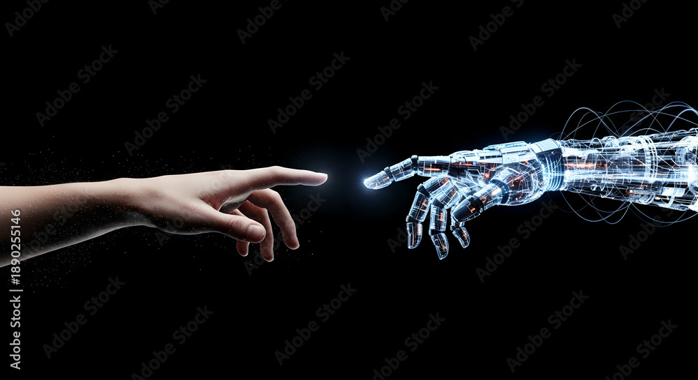 Obraz premium Human hand reaching toward robotic hand with glowing fingertips. Artificial intelligence and human collaboration concept. Futuristic technology fusion illustrating machine learning innovation and