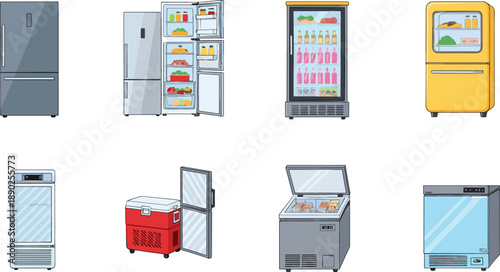 Refrigerator and freezer appliance illustration set with display coolers commercial fridges and home kitchen designs