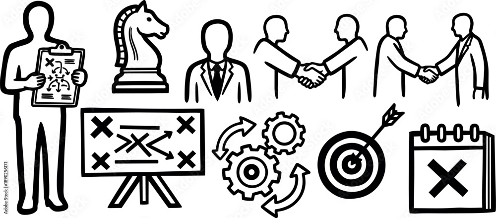 Fototapeta premium Hand drawn business strategy icons with handshake, chess knight, gears, target and calendar in black outline style