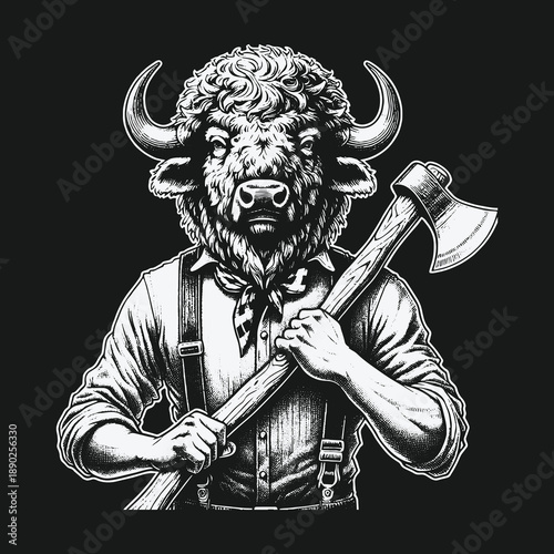 Bison Lumberjack: A Detailed Black and White Illustration of Strength.