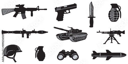 Collection of military weapons and equipment silhouettes, including rifles, handguns, grenades, a tank, and a missile.