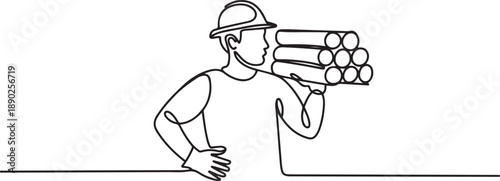 Single continuous line drawing of young lumberjack wearing helmet and glove while carrying pile of woods. Carpenter building maintenance service concept. one line Icon drawing