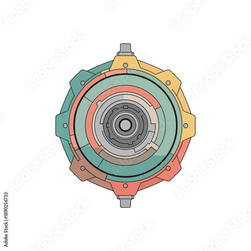 Detailed illustration of a mechanical component with interlocking gears and bolts on a neutral background from a top-down viewpoint