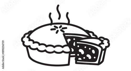 A delicious pie with a slice removed, steaming hot from the oven, viewed from the side