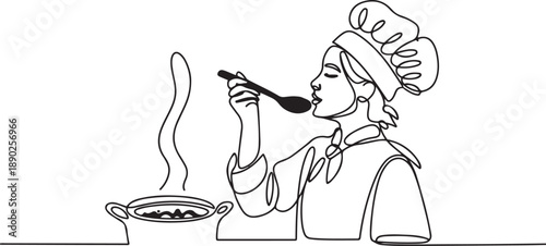 One continuous line drawing of young female chef tasting and smelling soup curry with wooden spoon. Healthy food preparation on commercial kitchen concept. one line Icon drawing