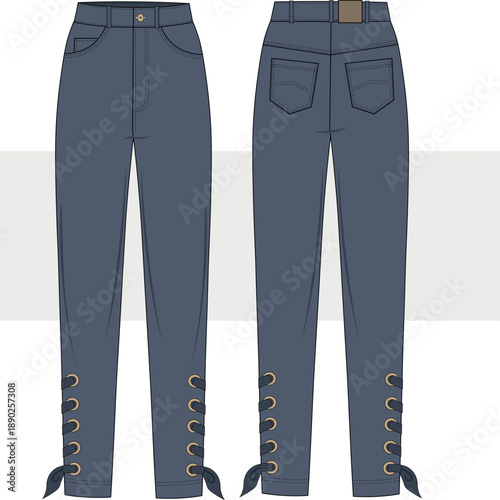 Women jeans for women, with tie-up detail. Slim fit, carrot trouser high waist denim pants fashion technical drawing, illustration. Front and back view, vector. Cad, Mockup set.