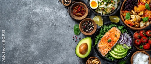 Wallpaper Mural Selection of colorful salads and bowls on concrete background, healthy meals Torontodigital.ca