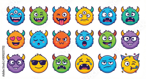 A colorful collection of cute cartoon monster emoji faces expressing various emotions