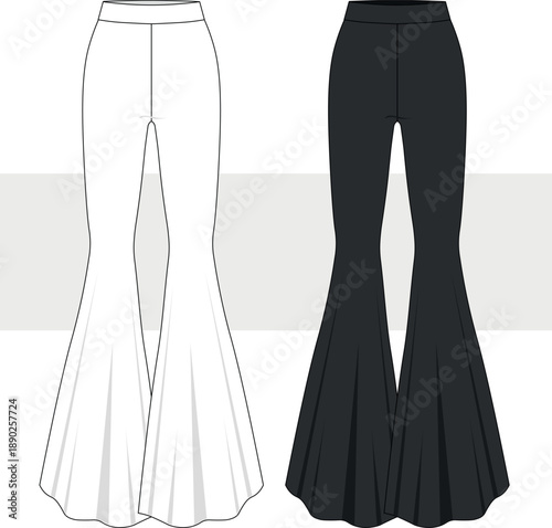 Women High Waisted Bootcut Pant, Leggings fashion technical drawing, illustration. Trouser vector. CAD, Mockup.