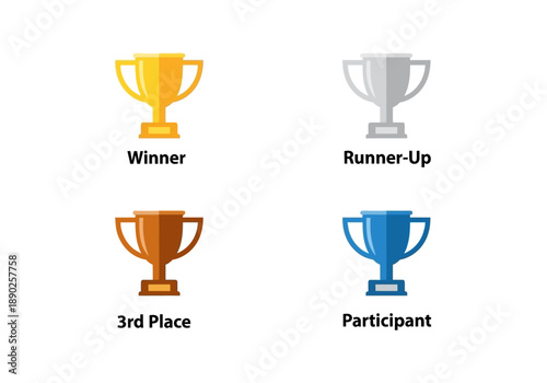 Awards ceremony with trophies representing winner, runner-up, third place, and participant on a clean white background