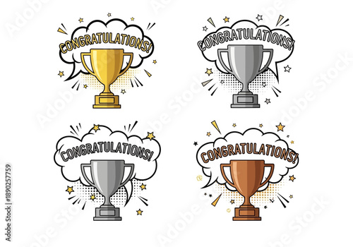 Four trophies with congratulatory speech bubbles in various metallic colors on a white background
