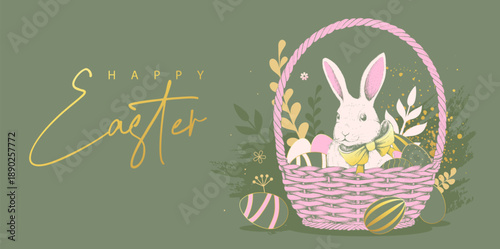 Happy Easter  poster or greeting card with rabbit, floral decorative elements, basket and Easter eggs on green background. Vector illustration