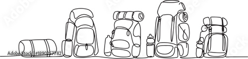 Single one line drawing hiking backpacks with sleeping bags. Camp, hike bags and knapsacks. Camping backpack for hiking, travel and tourism. one line Icon drawing
