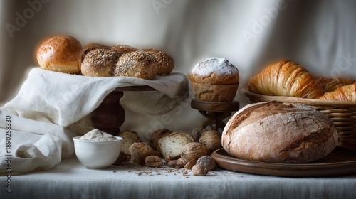 Fresh baked bread and pastries on linen cloth rustic breakfast or bakery food styling