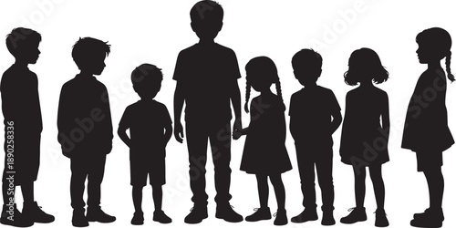 silhouettes group of children. various children of different heights and genders standing in a row. vector