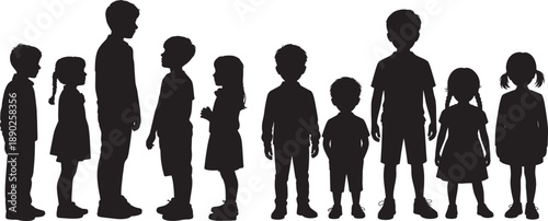 Silhouettes of children and toddlers of various ages and heights standing in a row, commonly used as stock vectors for educational materials, parenting resources, or children-related design projects.