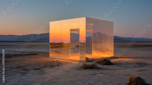 Glowing mirrored glass cube structure reflecting a vibrant sunset in a remote arid desert valley at dusk.