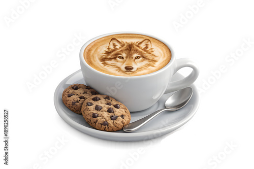 Isolated cappuccino in a white mug with wolf latte art