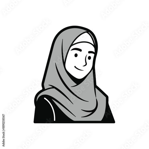 Smiling woman wearing a hijab headscarf in a simple line art style