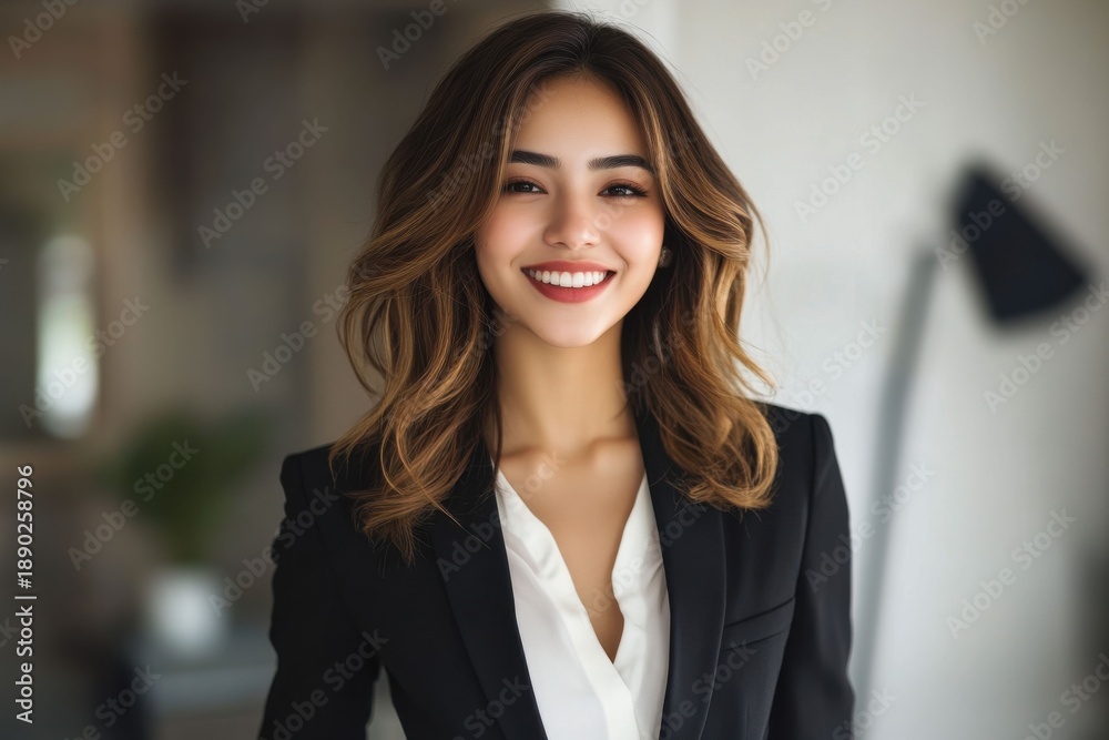 Naklejka premium Smiling confident women of diverse backgrounds in professional settings, representing empowerment, inclusivity, and global success.