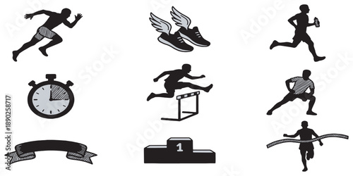 Collection of athletic icons representing running, hurdles, stopwatch, podium, and finish line.