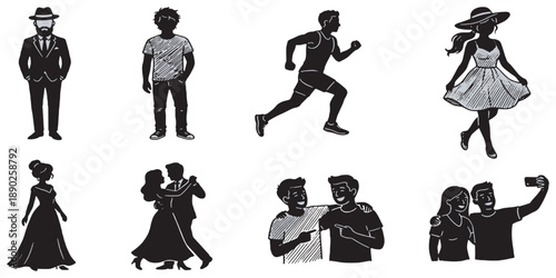 Collection of diverse people silhouettes in various activities and styles, including formal wear, casual, athletic, and social interactions.