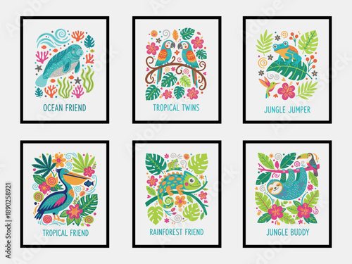 Cute Rainforest Animals Collection, Manatee Parrot Sloth Pelican