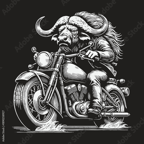Buffalo Biker: A Detailed Black and White Illustration of a Motorcycle Rider.