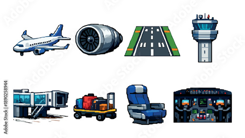 Pixel art airport icons: airplane, engine, runway, control tower, gate, luggage cart, seat, cockpit