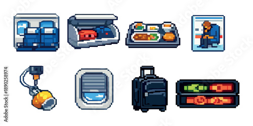 Pixel art airplane journey icons featuring seats, food, and travel essentials