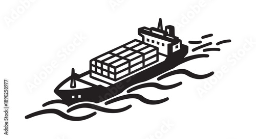 A cargo ship sails through the ocean waves, carrying containers, viewed from a distant perspective, illustrating global trade and maritime transport.