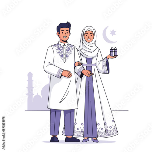 Traditional Muslim couple in festive attire with lantern and mosque silhouette