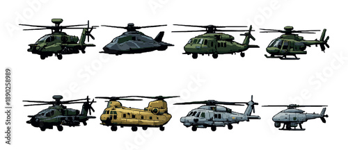 Collection of diverse military helicopters in various models and colors