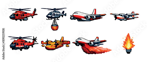 Firefighting aircraft collection: helicopters and planes in water and firefighting actions