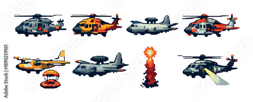 Pixel art helicopters and aircraft: variety of designs with special effects